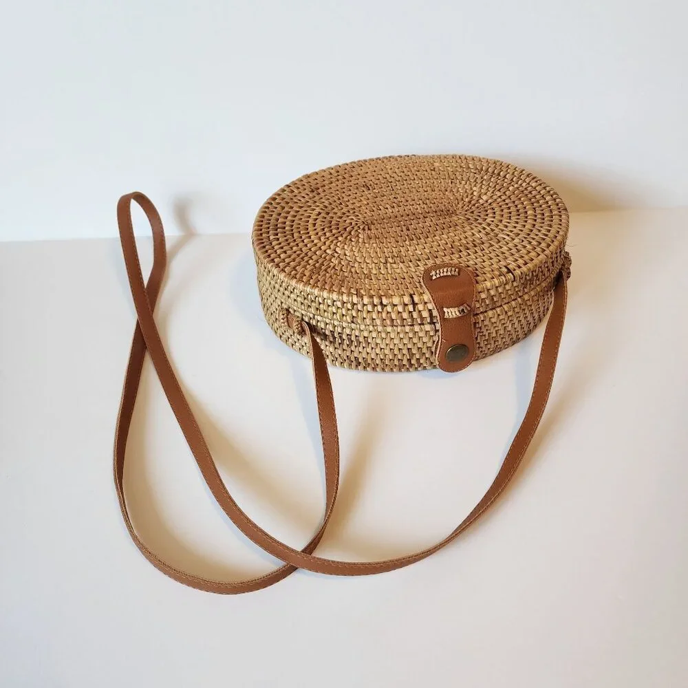 Woven Rattan Round Crossbody Bag With Leather Strap & Floral Lining - Picture 3 of 11